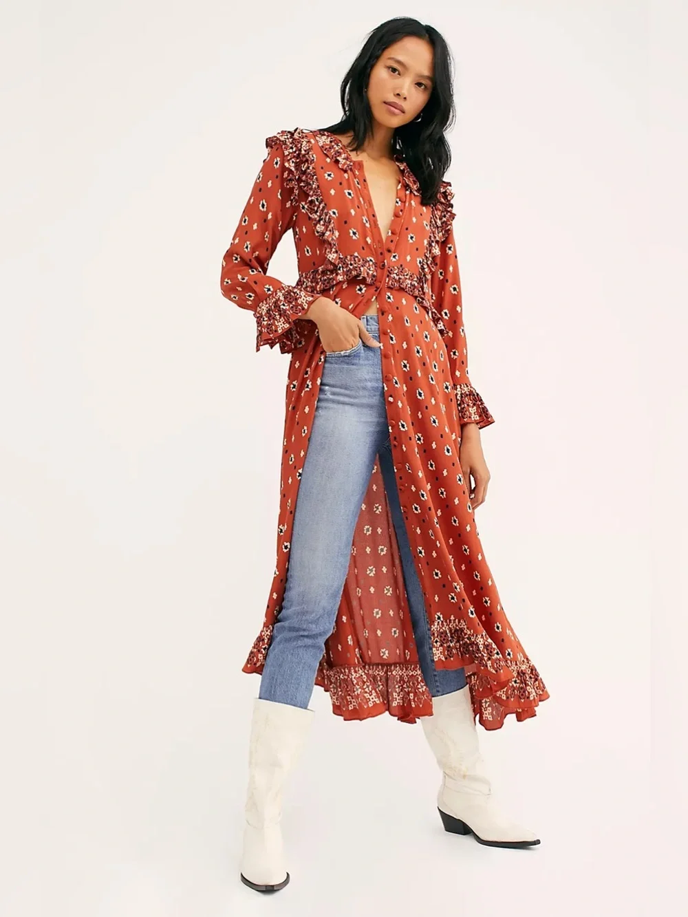 Free People Calico Skies Rust Floral Boho Longline Duster XS